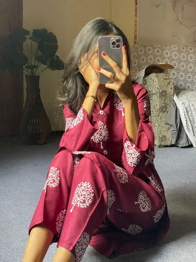 2 Pc Tree Design Beautiful Printed Shirt + Trouser (Maroon)