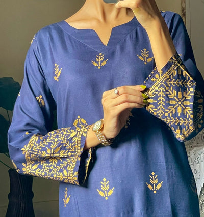 2pcs Block Printed Arrow Design Women's Suit (Navy Blue)