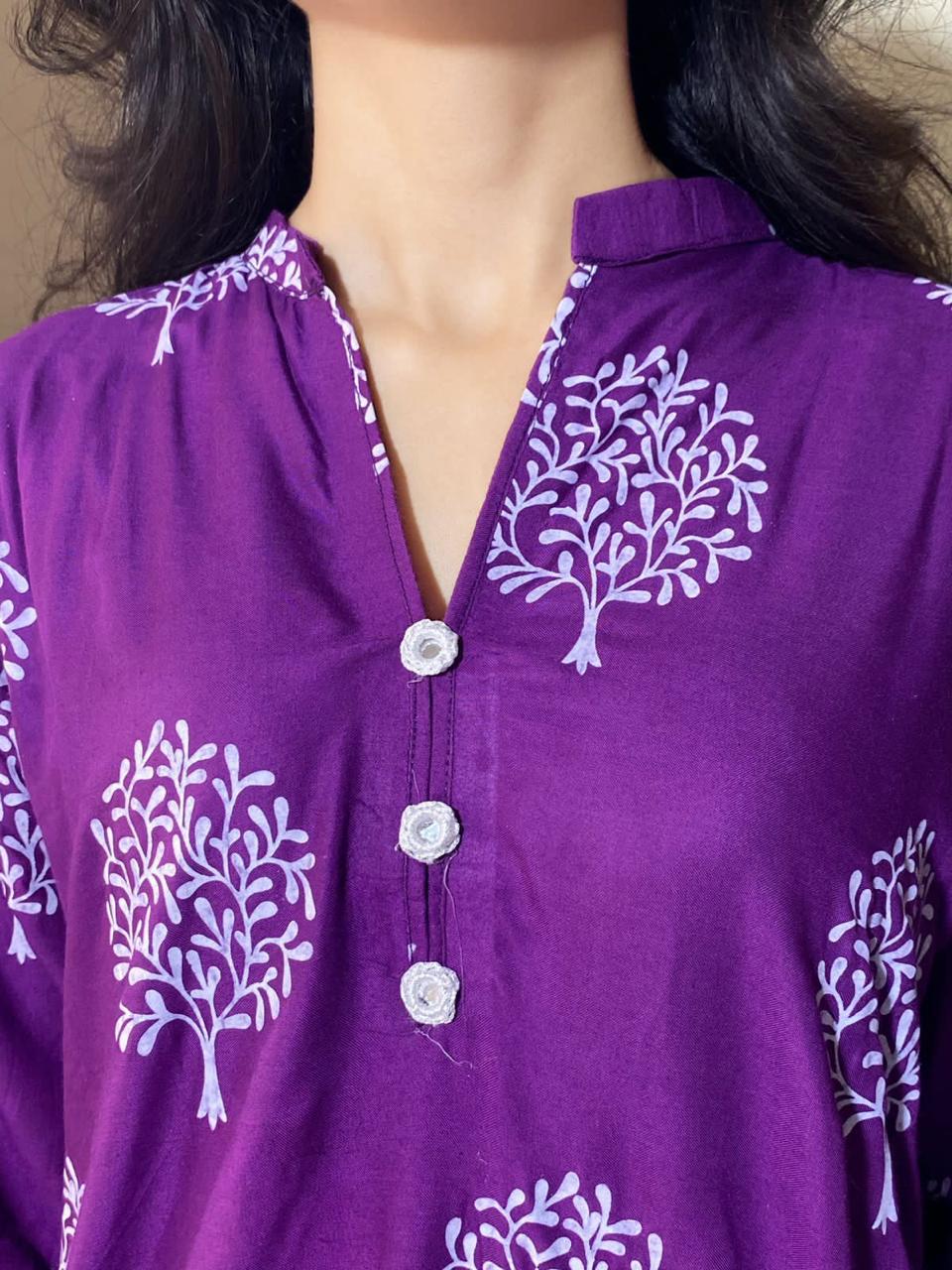 2 Pc Tree Design Beautiful Printed Shirt + Trouser (Purple)