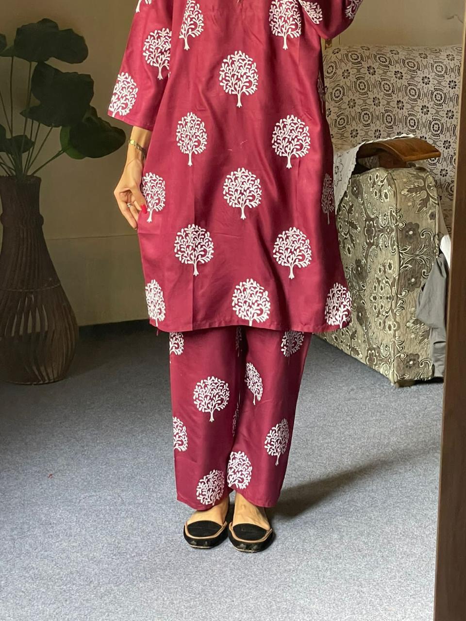 2 Pc Tree Design Beautiful Printed Shirt + Trouser (Maroon)
