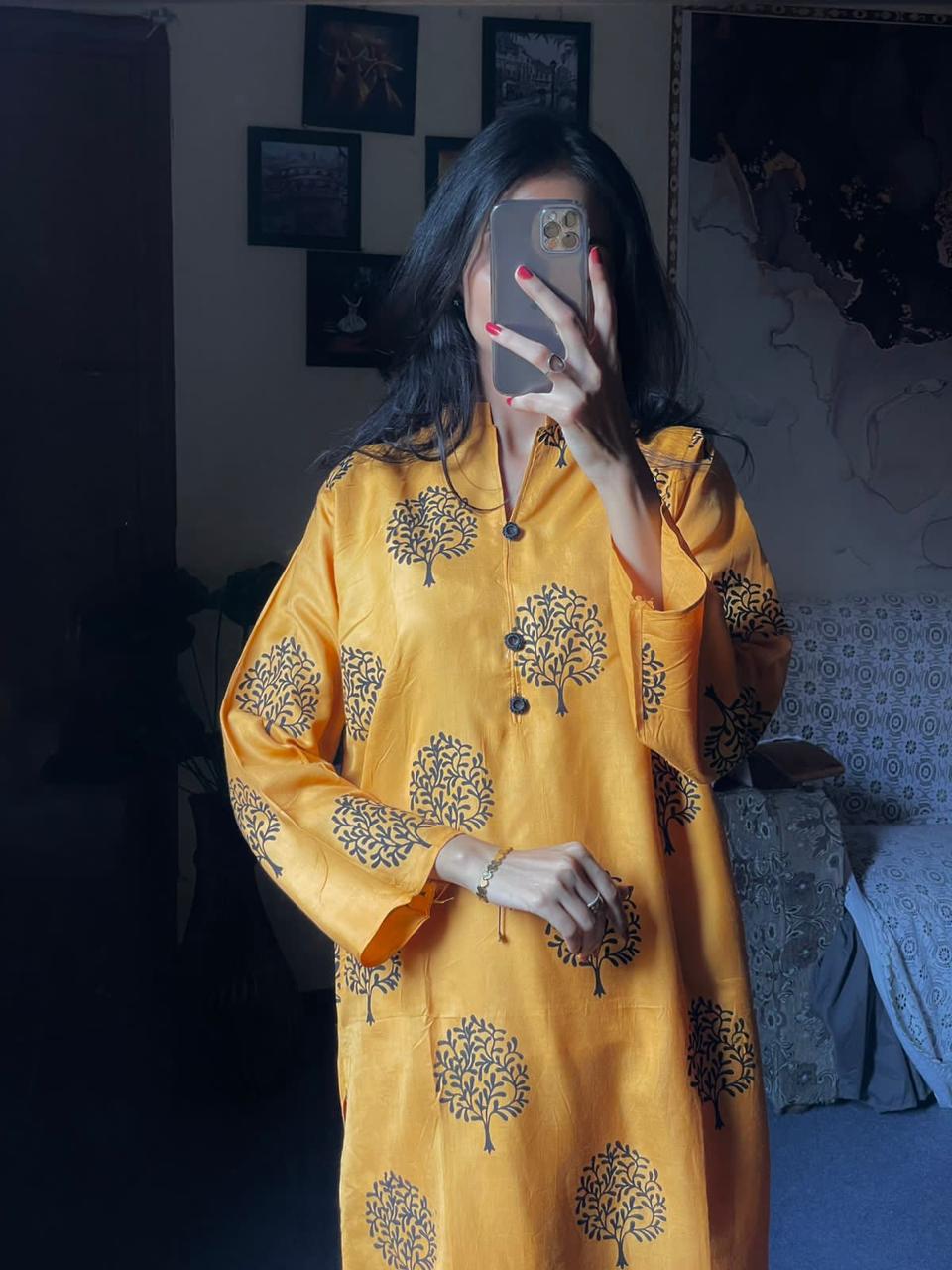 2 Pc Tree Design Beautiful Printed Shirt + Trouser (Orange Peel)
