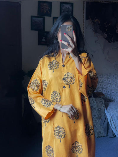 2 Pc Tree Design Beautiful Printed Shirt + Trouser (Orange Peel)