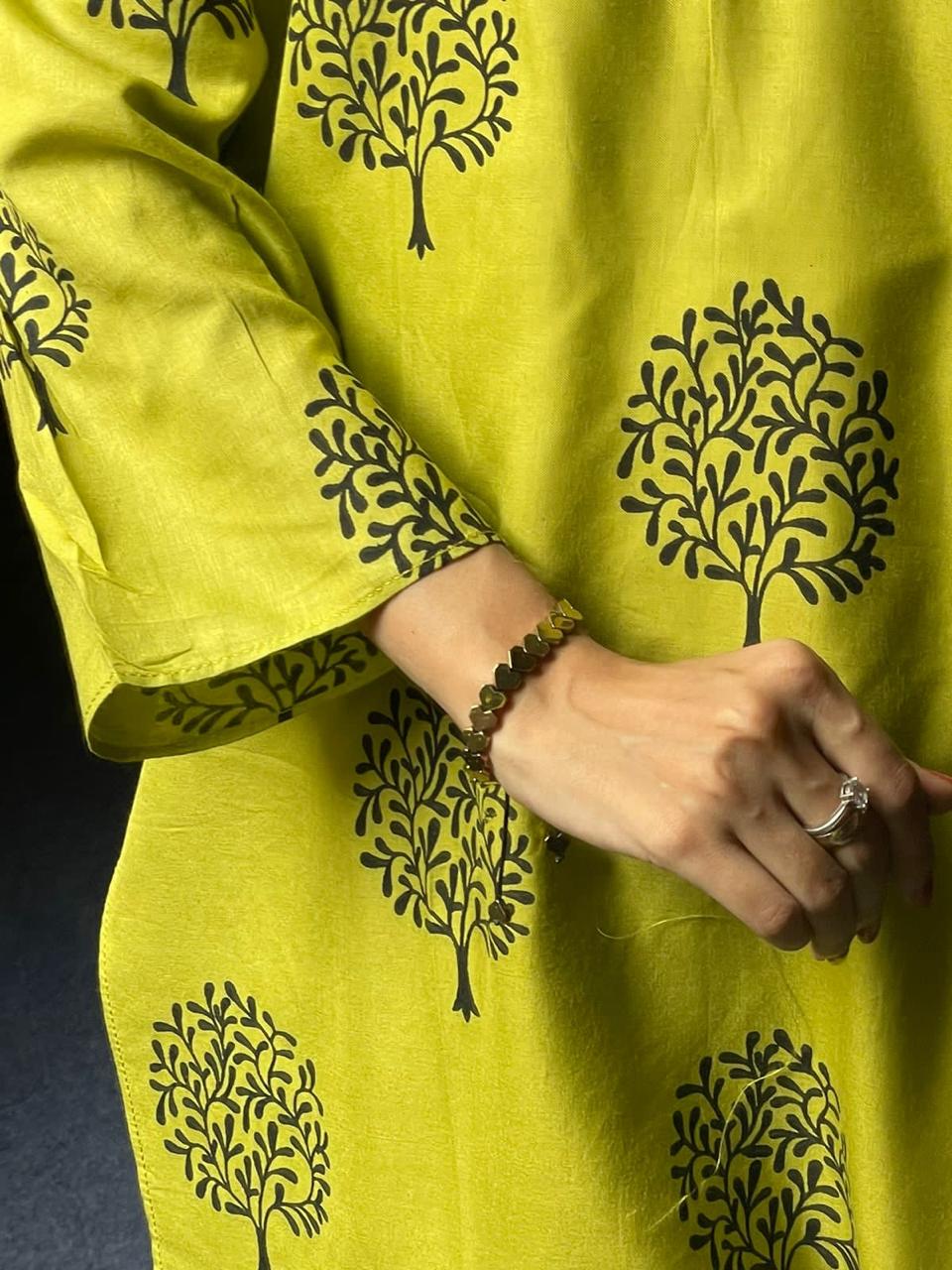 2 Pc Tree Design Beautiful Printed Shirt + Trouser (Banana Yellow)