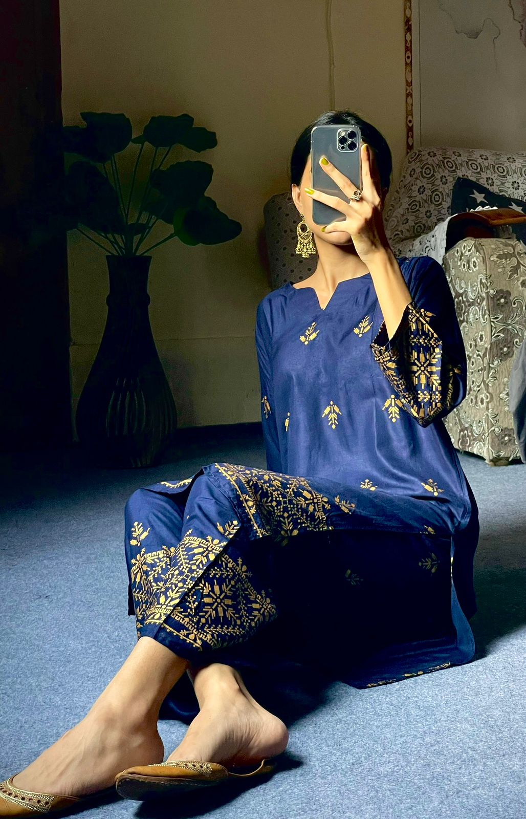 2pcs Block Printed Arrow Design Women's Suit (Navy Blue)