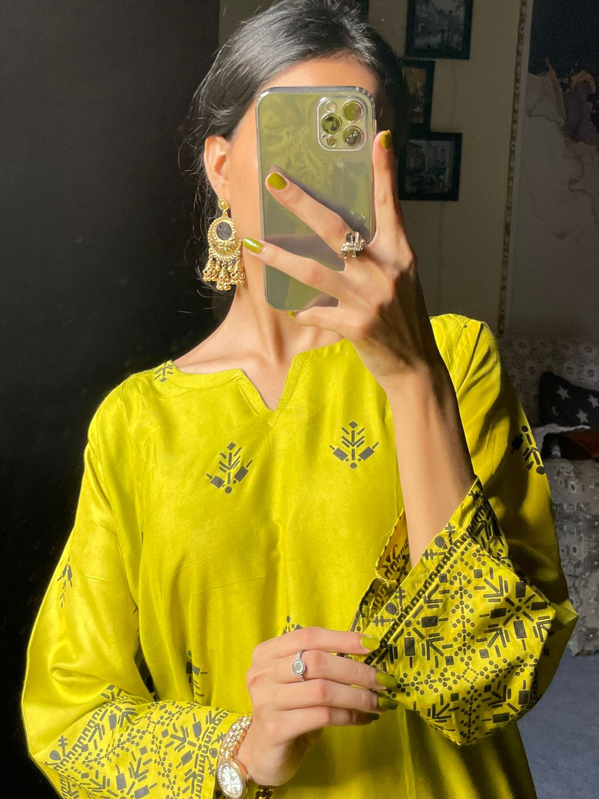 2pcs Block Printed Arrow Design Women's Suit (Mehandi)