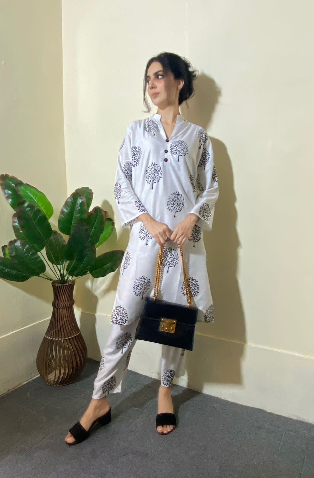 2 Pc Tree Design Beautiful Printed Shirt + Trouser (White)