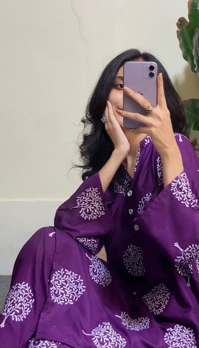 2 Pc Tree Design Beautiful Printed Shirt + Trouser (Purple)