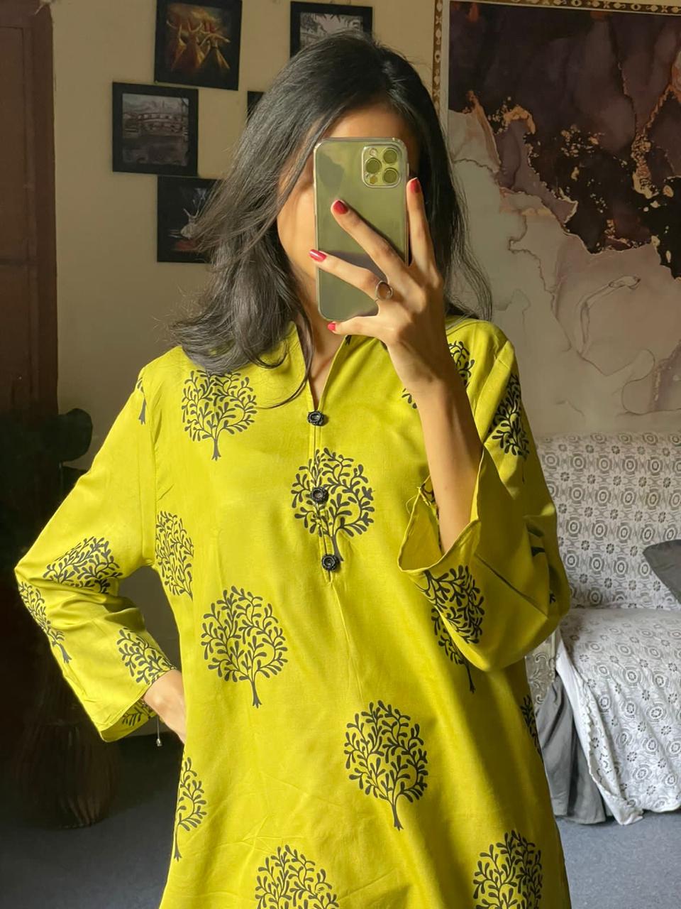 2 Pc Tree Design Beautiful Printed Shirt + Trouser (Banana Yellow)