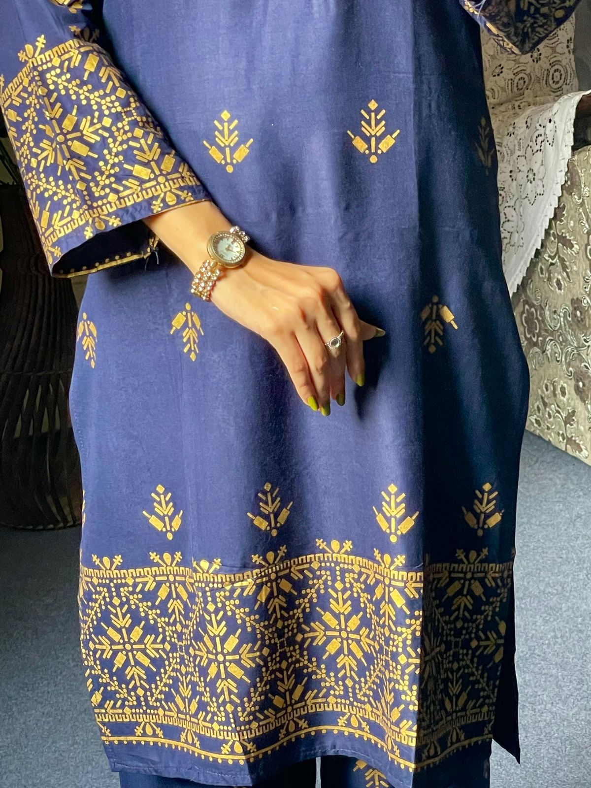 2pcs Block Printed Arrow Design Women's Suit (Navy Blue)