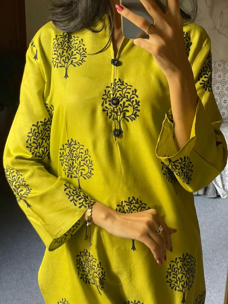 2 Pc Tree Design Beautiful Printed Shirt + Trouser (Banana Yellow)
