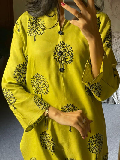 2 Pc Tree Design Beautiful Printed Shirt + Trouser (Banana Yellow)