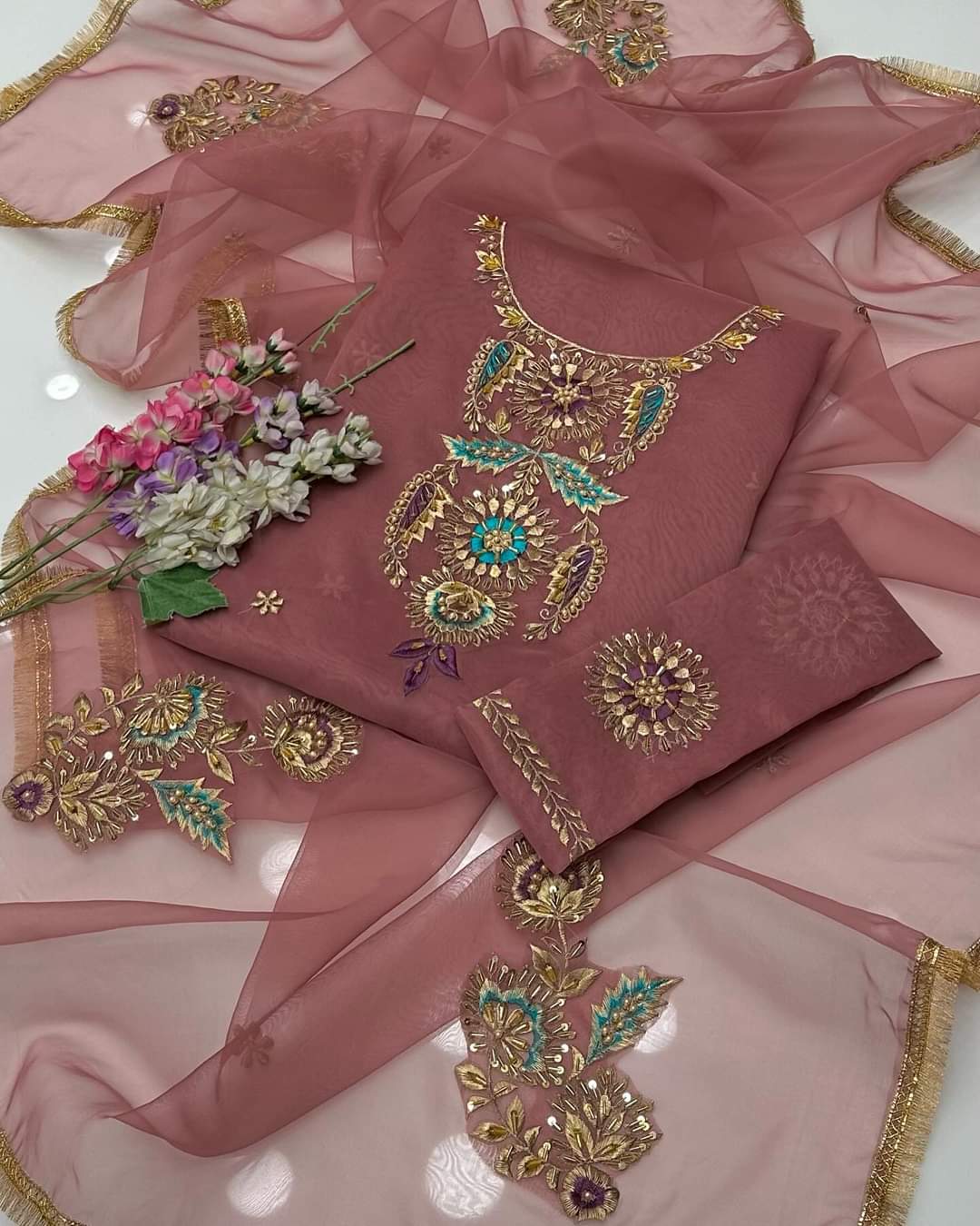 2 pcs organza zarri beads handwork shirt Organza zarri beads handwork dupata(New arrival)