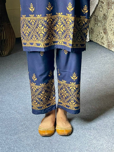 2pcs Block Printed Arrow Design Women's Suit (Navy Blue)