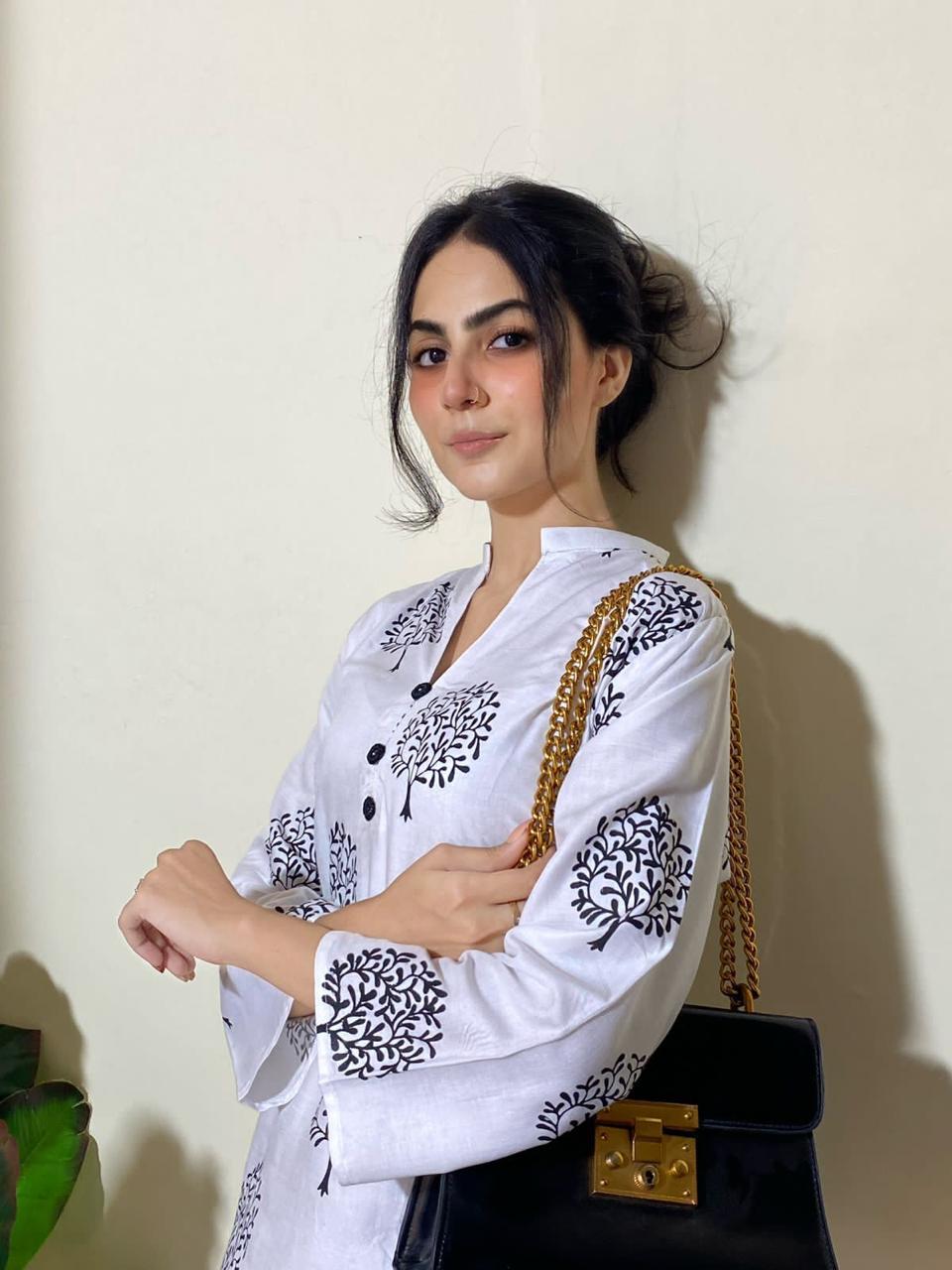 2 Pc Tree Design Beautiful Printed Shirt + Trouser (White)