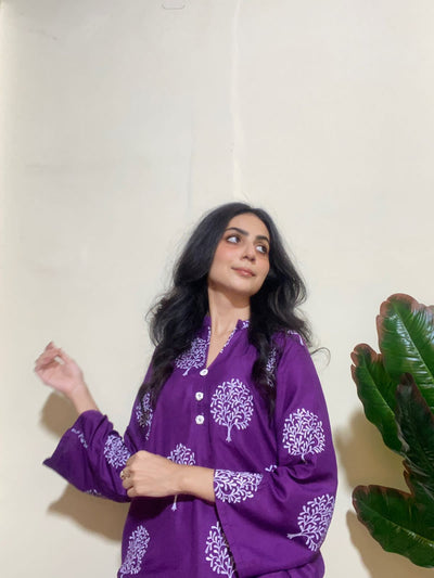 2 Pc Tree Design Beautiful Printed Shirt + Trouser (Purple)