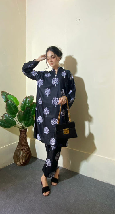2 Pc Tree Design Beautiful Printed Shirt + Trouser (Black)