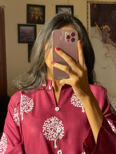 2 Pc Tree Design Beautiful Printed Shirt + Trouser (Maroon)