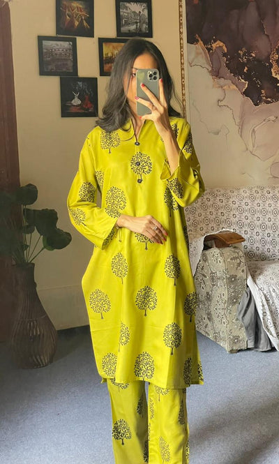2 Pc Tree Design Beautiful Printed Shirt + Trouser (Banana Yellow)
