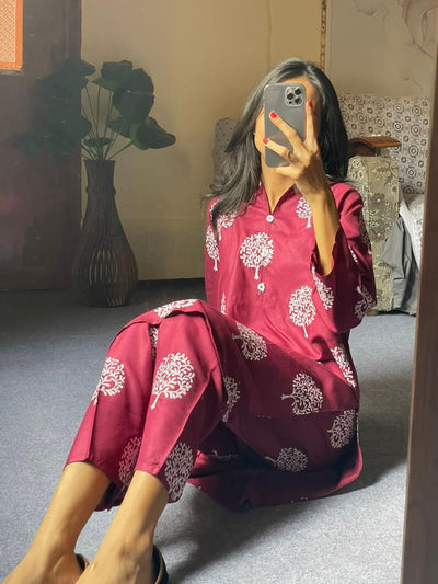 2 Pc Tree Design Beautiful Printed Shirt + Trouser (Maroon)