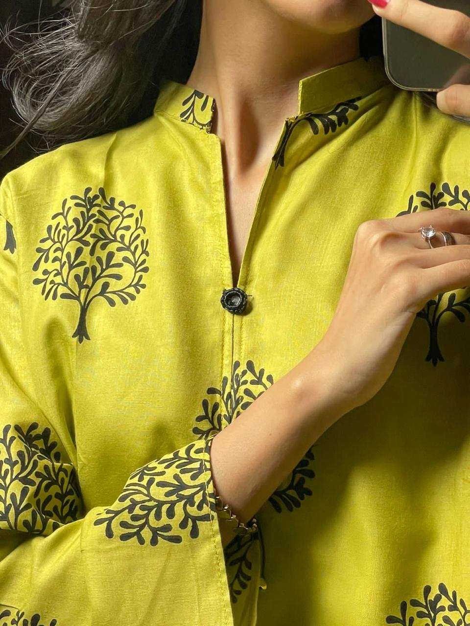 2 Pc Tree Design Beautiful Printed Shirt + Trouser (Banana Yellow)