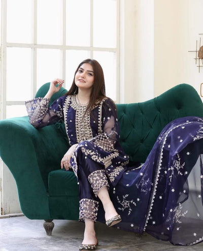 3pcs Tahzeeb Organza Kattan Silk Suit