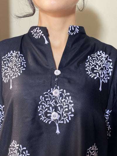 2 Pc Tree Design Beautiful Printed Shirt + Trouser (Black)