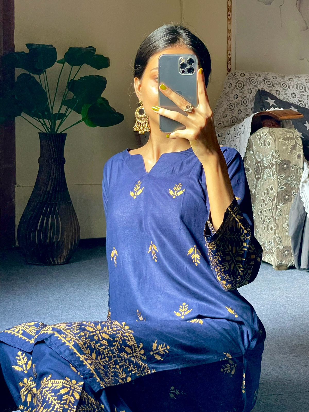 2pcs Block Printed Arrow Design Women's Suit (Navy Blue)