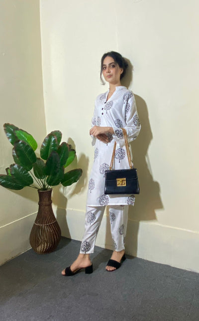 2 Pc Tree Design Beautiful Printed Shirt + Trouser (White)