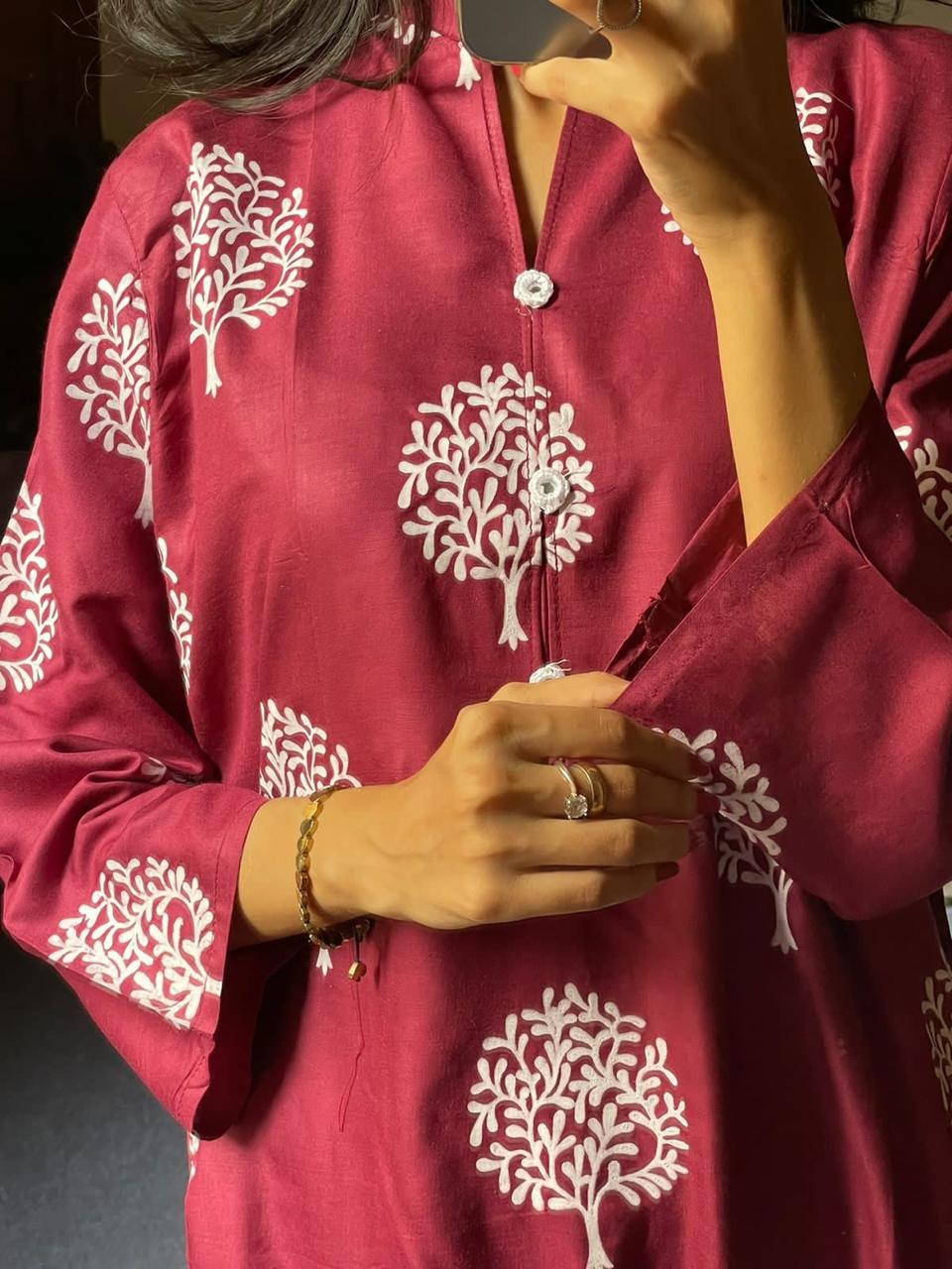 2 Pc Tree Design Beautiful Printed Shirt + Trouser (Maroon)