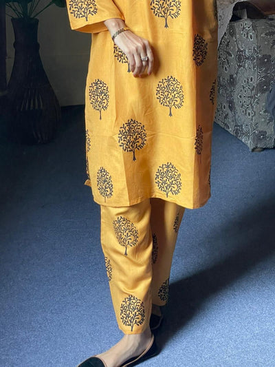 2 Pc Tree Design Beautiful Printed Shirt + Trouser (Orange Peel)
