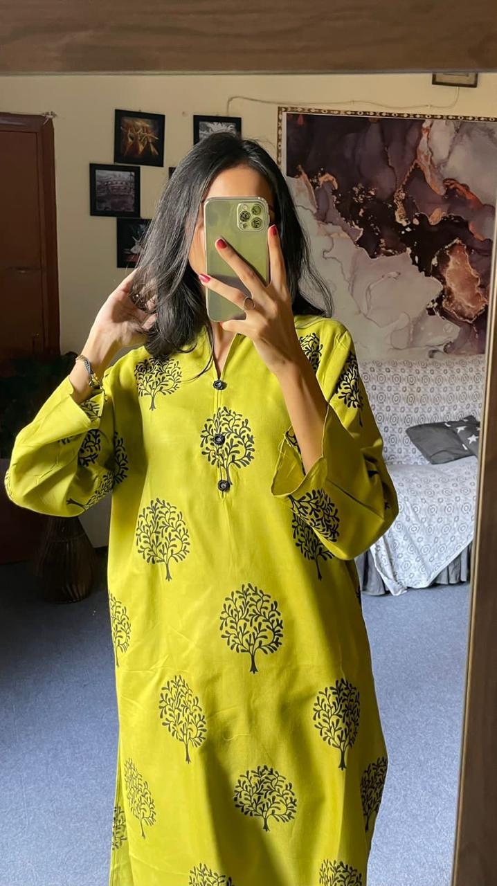 2 Pc Tree Design Beautiful Printed Shirt + Trouser (Banana Yellow)