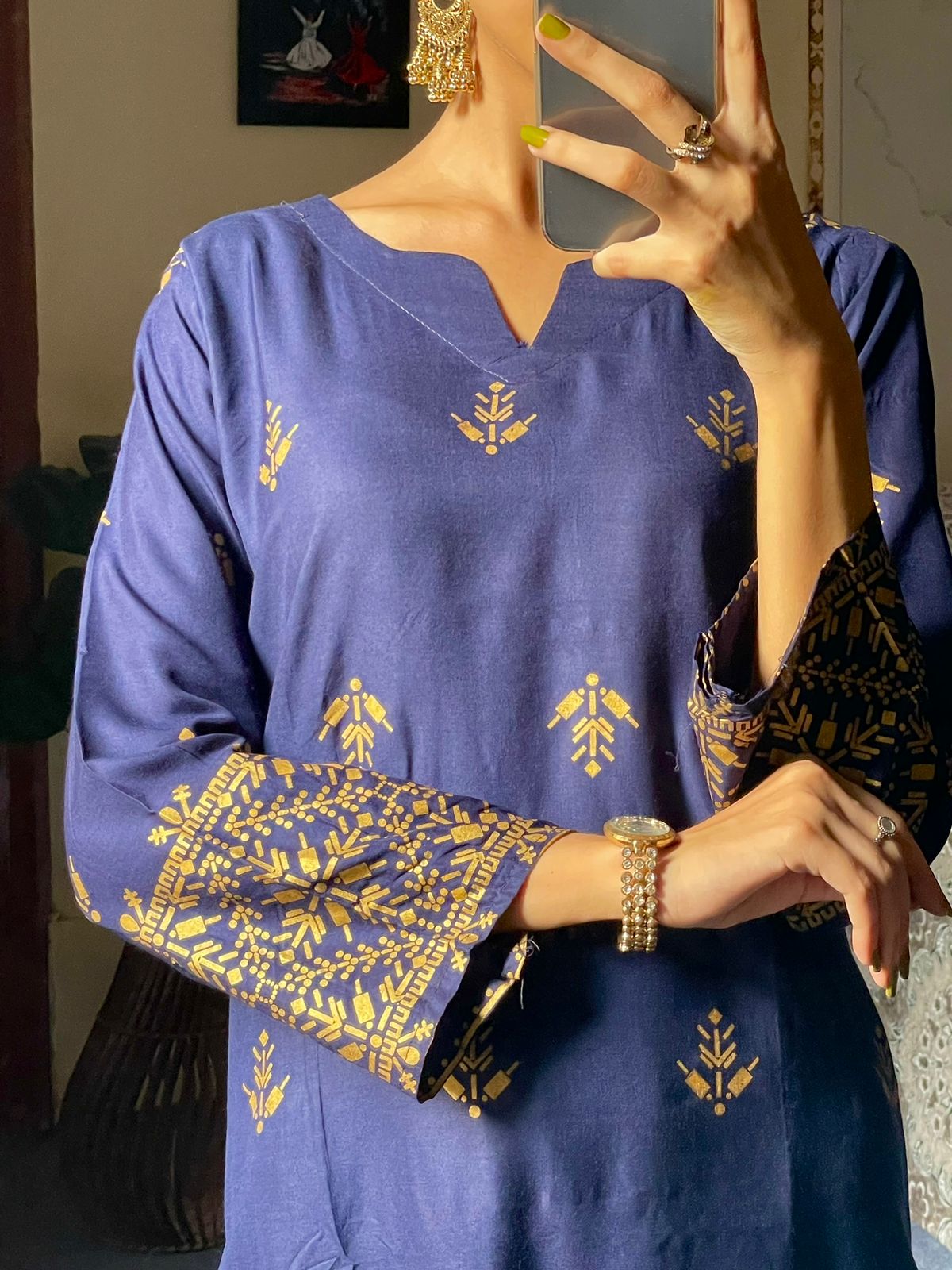 2pcs Block Printed Arrow Design Women's Suit (Navy Blue)
