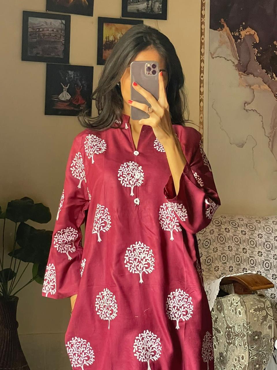 2 Pc Tree Design Beautiful Printed Shirt + Trouser (Maroon)
