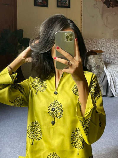 2 Pc Tree Design Beautiful Printed Shirt + Trouser (Banana Yellow)