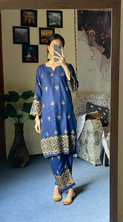 2pcs Block Printed Arrow Design Women's Suit (Navy Blue)