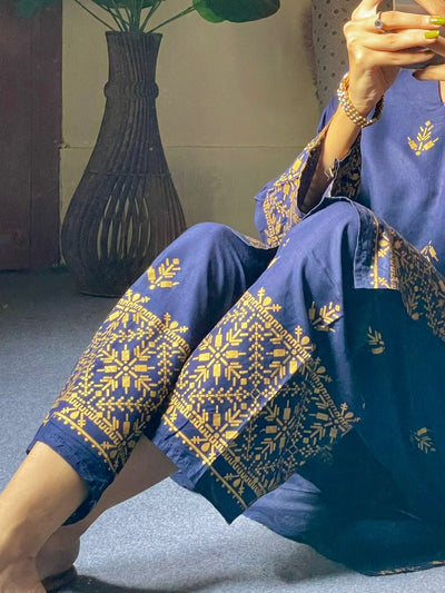 2pcs Block Printed Arrow Design Women's Suit (Navy Blue)