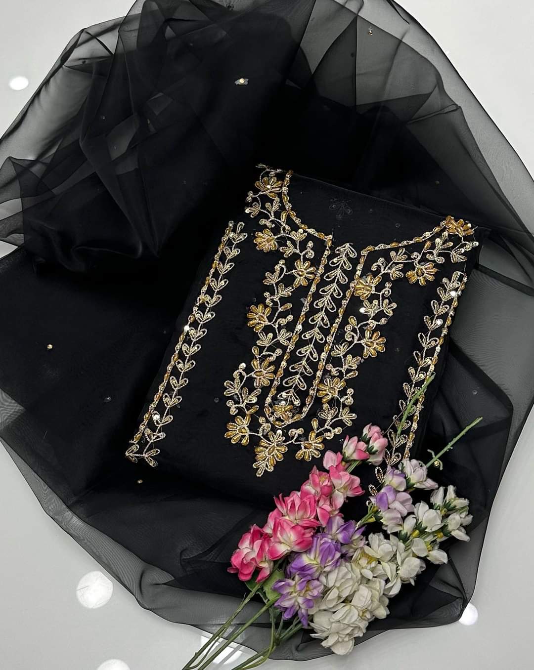 2 pcs Organza zarri beads work shirt and dupatta