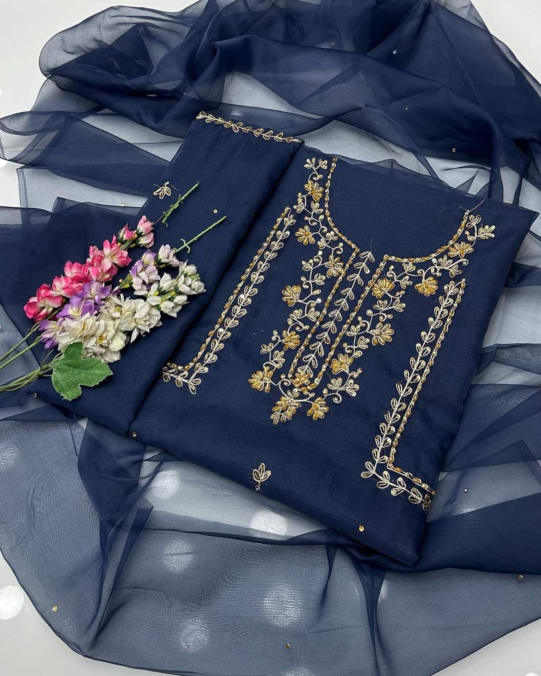 2 pcs Organza zarri beads work shirt and dupatta