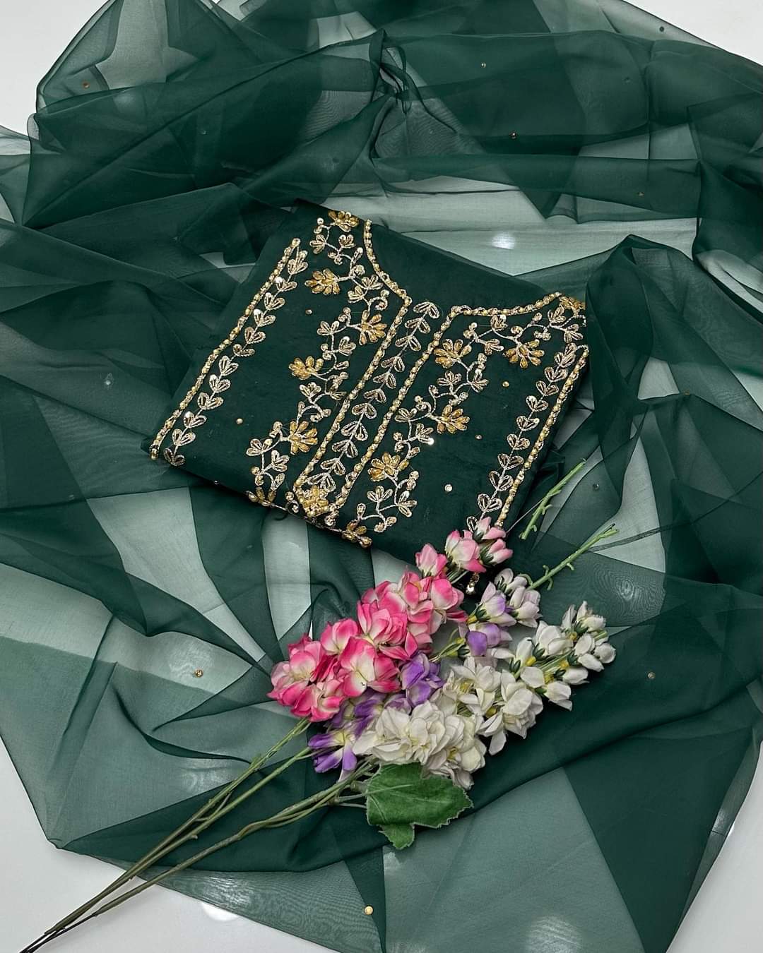 2 pcs Organza zarri beads work shirt and dupatta