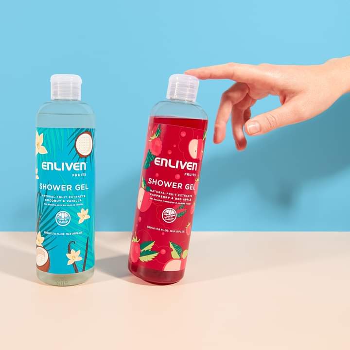 Double the fun with Enliven Coconut &amp; Vanilla and Raspberry &amp; Red Apple Shower Gels 500 ML each